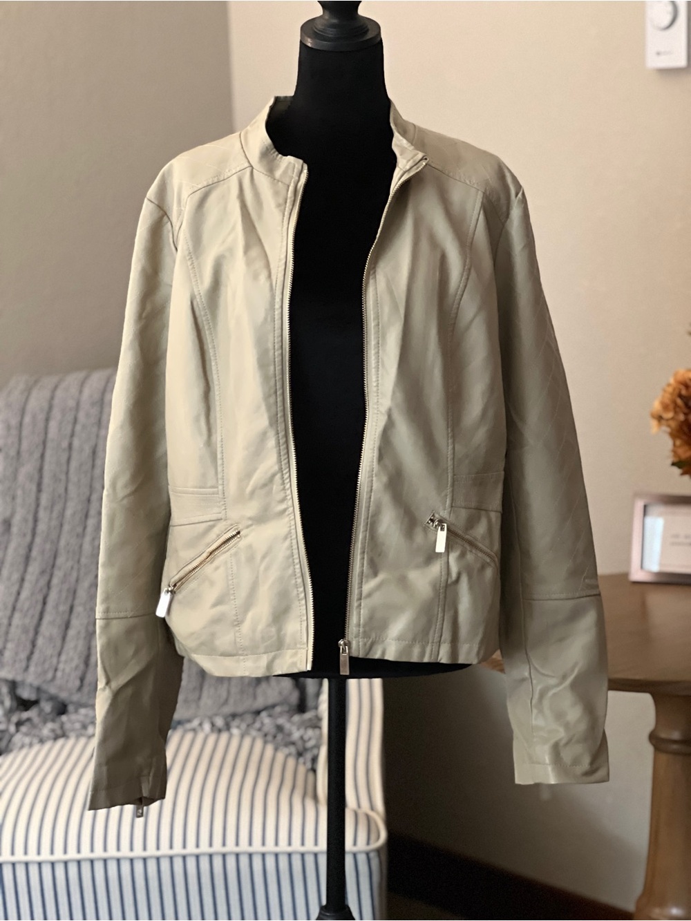 New York & Company Light Beige Zip-Front Leather Jacket